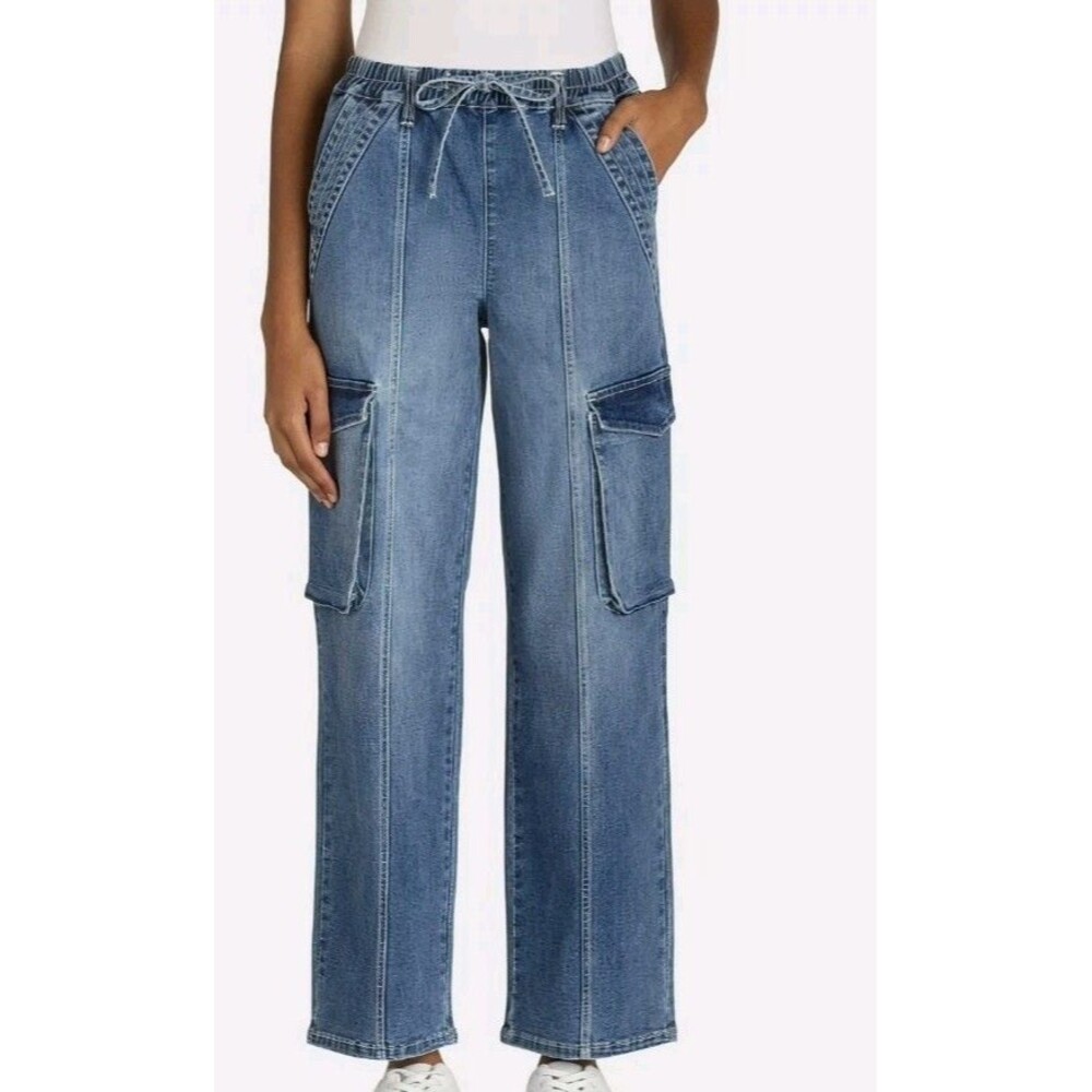 Madden NYC Cargo Jeans Wide Leg Drawstring Elastic Waist Blue Denim XL Pockets